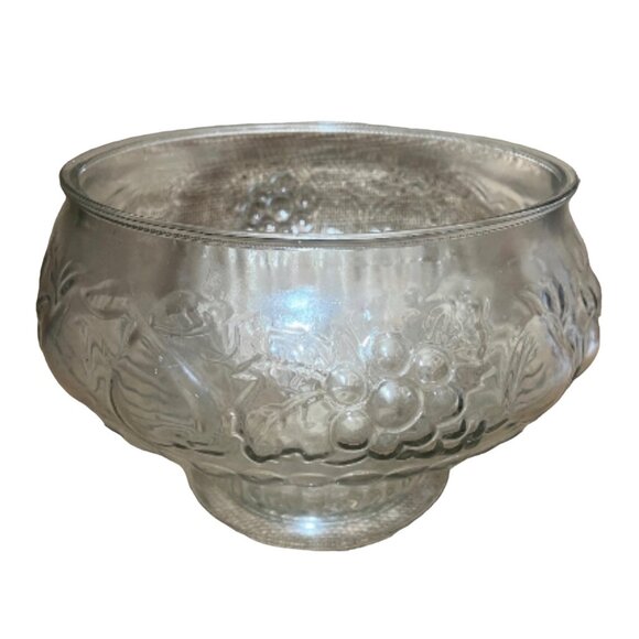 Glass Fruit Bowl Fruit Etching 10" Diameter Clear Molded Grapes Apples Pears Pea - Picture 3 of 9